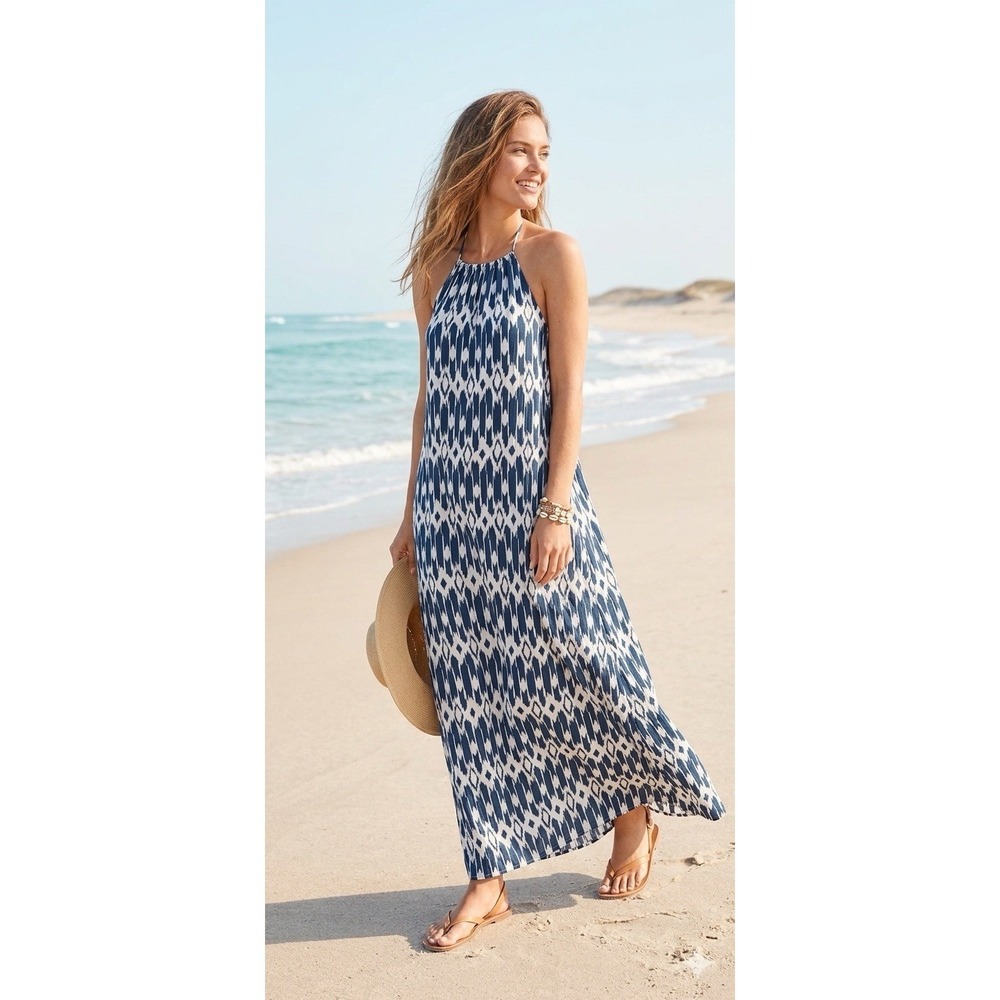 J. Crew Ikat Halter Maxi Dress Medium Blue White Geometric Coastal Beach Boho
